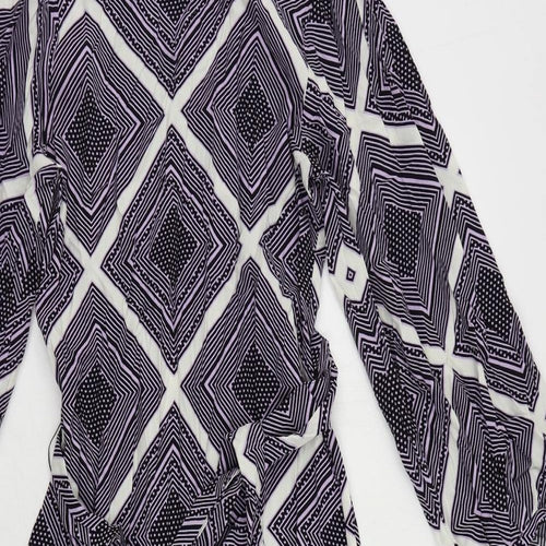 Marks and Spencer Womens Purple Geometric Viscose A-Line Size 8 Round Neck Zip - Belted