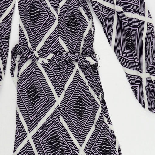 Marks and Spencer Womens Purple Geometric Viscose A-Line Size 8 Round Neck Zip - Belted
