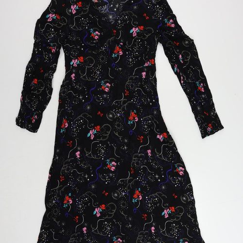 Marks and Spencer Womens Black Geometric Viscose A-Line Size 10 V-Neck Zip
