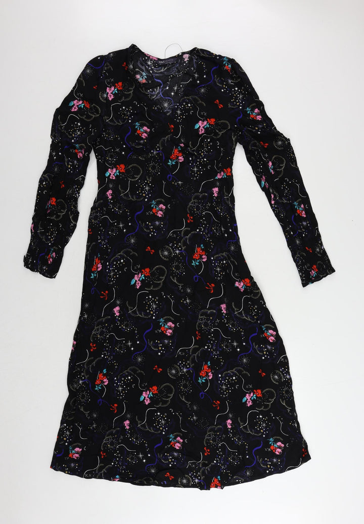 Marks and Spencer Womens Black Geometric Viscose A-Line Size 10 V-Neck Zip