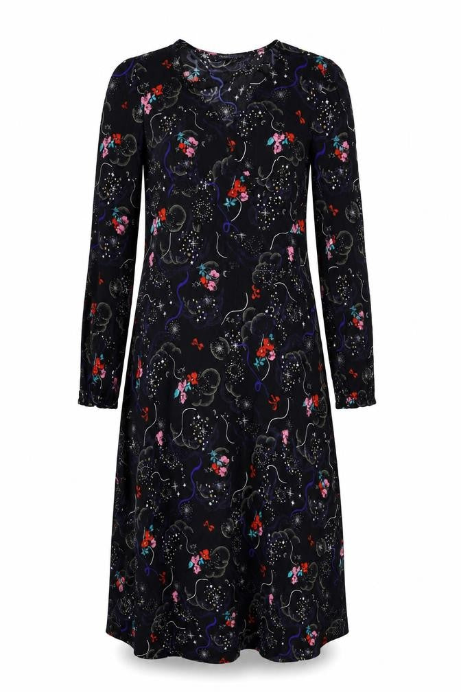 Marks and Spencer Womens Black Geometric Viscose A-Line Size 10 V-Neck Zip