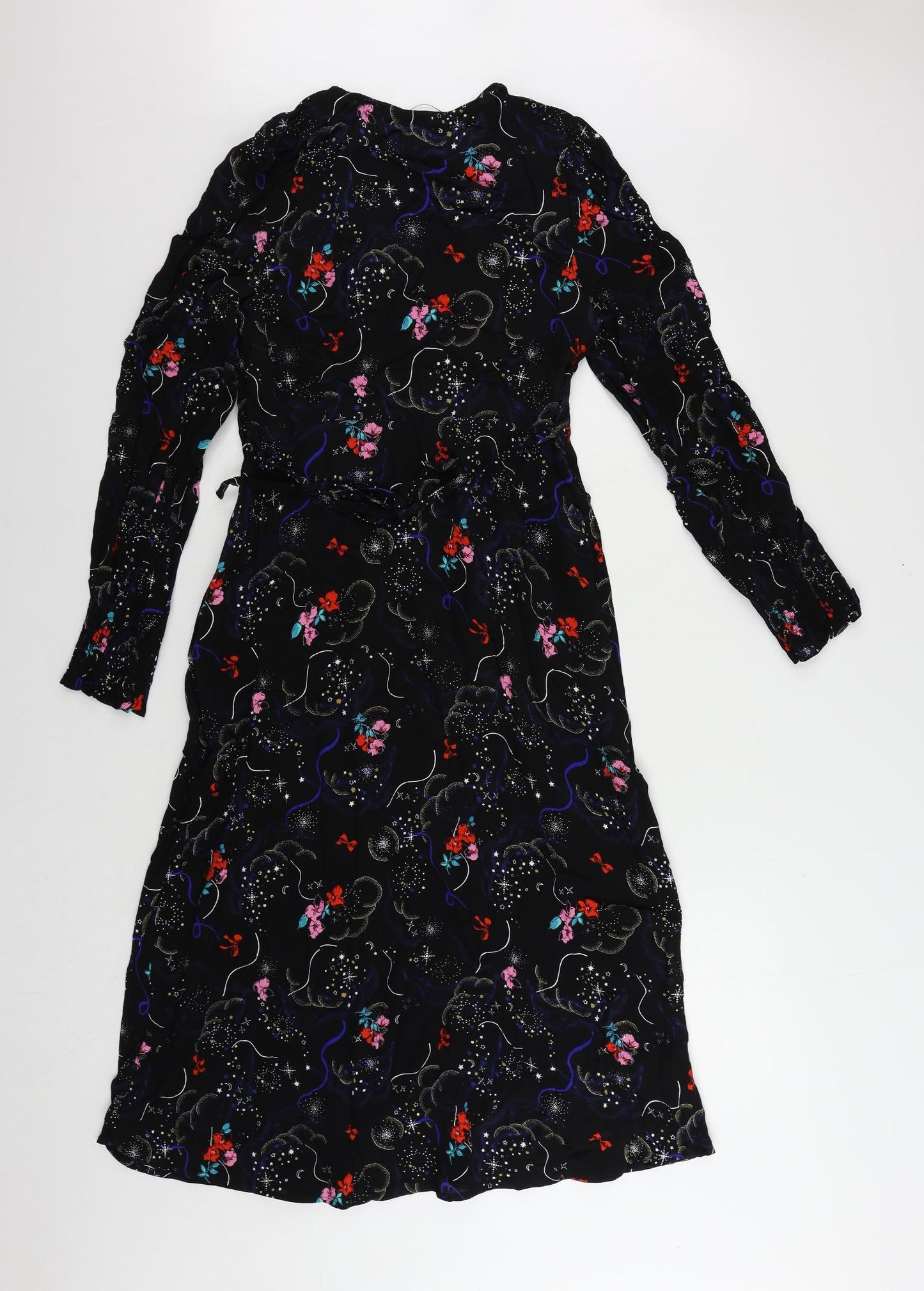 Marks and Spencer Womens Black Geometric Viscose A-Line Size 10 V-Neck Zip