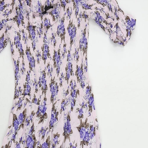 Topshop Womens Pink Floral Viscose A-Line Size 8 Off the Shoulder Pullover - Shirred