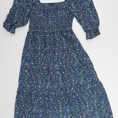 Marks and Spencer Womens Blue Floral Cotton A-Line Size 16 Square Neck Pullover - Shirred