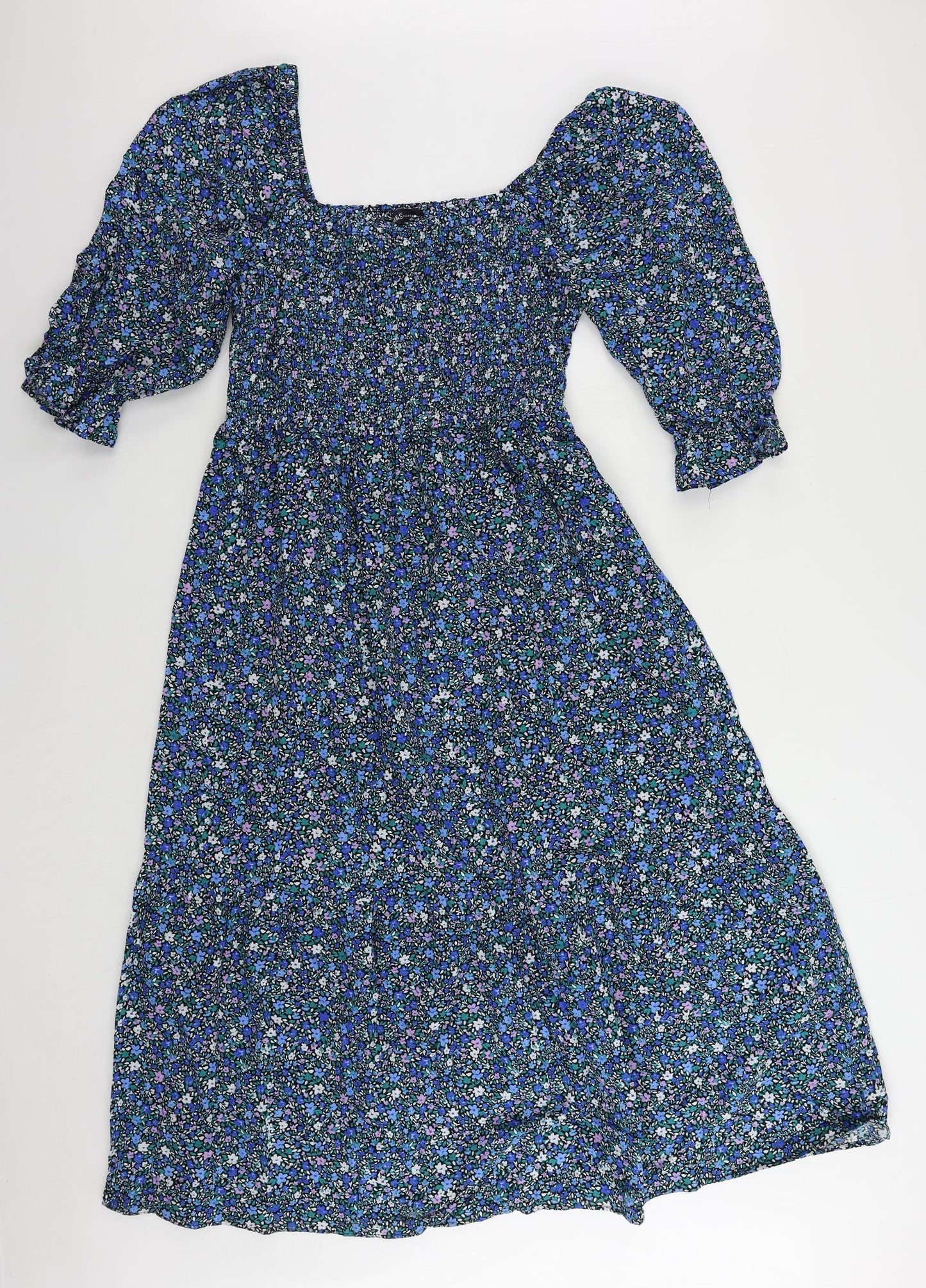 Marks and Spencer Womens Blue Floral Cotton A-Line Size 16 Square Neck Pullover - Shirred