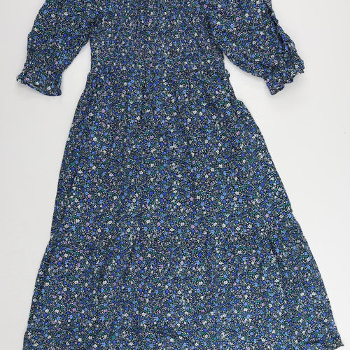 Marks and Spencer Womens Blue Floral Cotton A-Line Size 16 Square Neck Pullover - Shirred