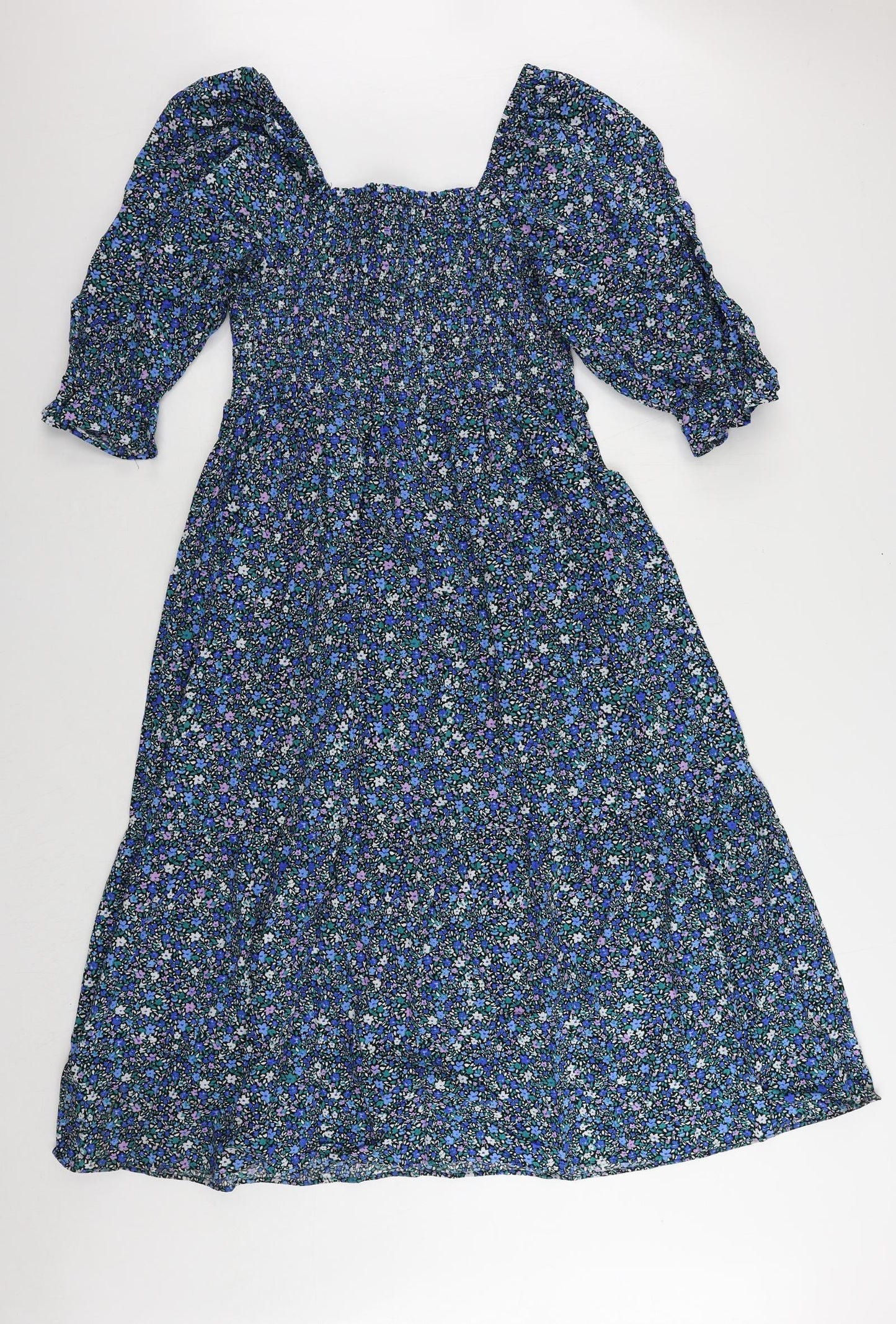 Marks and Spencer Womens Blue Floral Cotton A-Line Size 16 Square Neck Pullover - Shirred