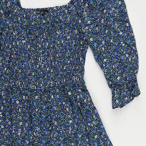 Marks and Spencer Womens Blue Floral Cotton A-Line Size 16 Square Neck Pullover - Shirred