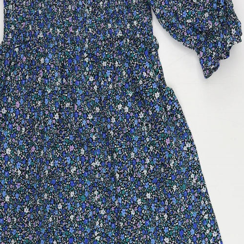Marks and Spencer Womens Blue Floral Cotton A-Line Size 16 Square Neck Pullover - Shirred