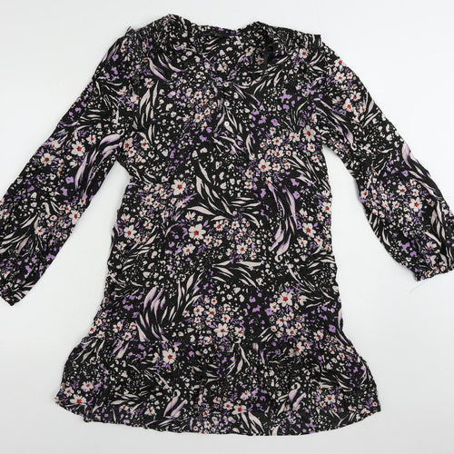 Marks and Spencer Womens Black Floral Viscose A-Line Size 16 V-Neck Button - Ruffle