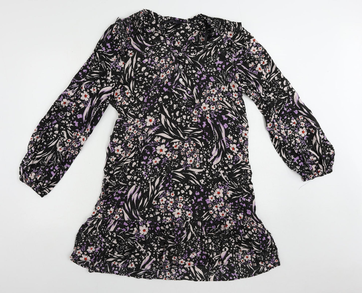 Marks and Spencer Womens Black Floral Viscose A-Line Size 16 V-Neck Button - Ruffle