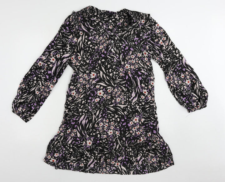 Marks and Spencer Womens Black Floral Viscose A-Line Size 16 V-Neck Button - Ruffle
