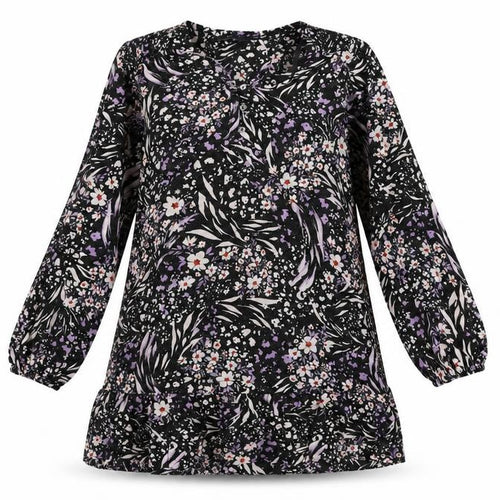 Marks and Spencer Womens Black Floral Viscose A-Line Size 16 V-Neck Button - Ruffle