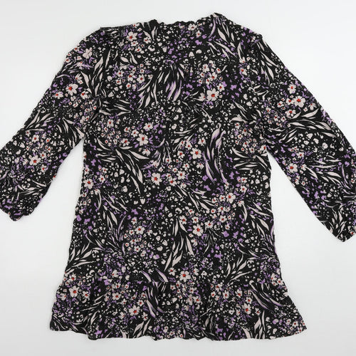 Marks and Spencer Womens Black Floral Viscose A-Line Size 16 V-Neck Button - Ruffle