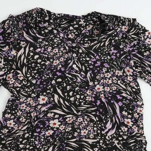 Marks and Spencer Womens Black Floral Viscose A-Line Size 16 V-Neck Button - Ruffle
