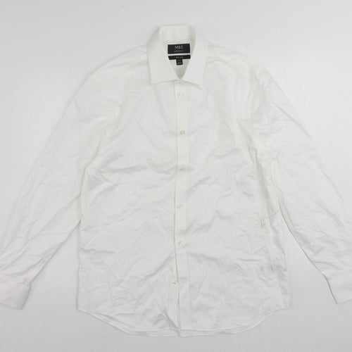 Marks and Spencer Mens White Striped Cotton Dress Shirt Size 15.5 Collared Button
