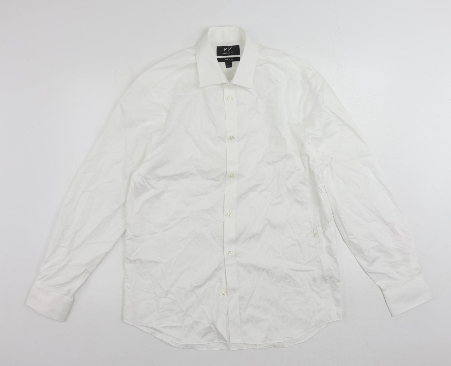 Marks and Spencer Mens White Striped Cotton Dress Shirt Size 15.5 Collared Button