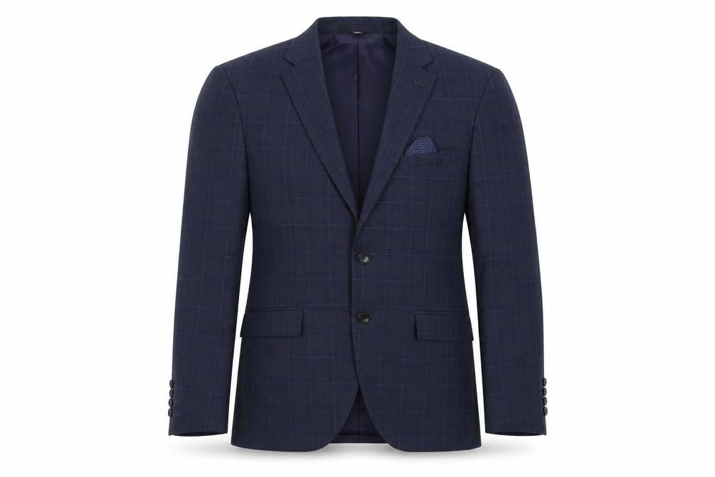 Front view of Marks & Spencer men’s blue plaid polyester jacket suit jacket, size 36, regular