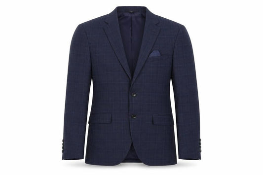 Front view of Marks & Spencer men’s blue plaid polyester jacket suit jacket, size 36, regular