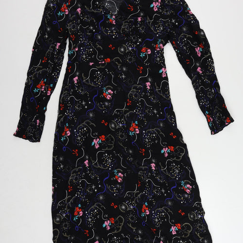 Marks and Spencer Womens Black Geometric Viscose A-Line Size 10 V-Neck Zip