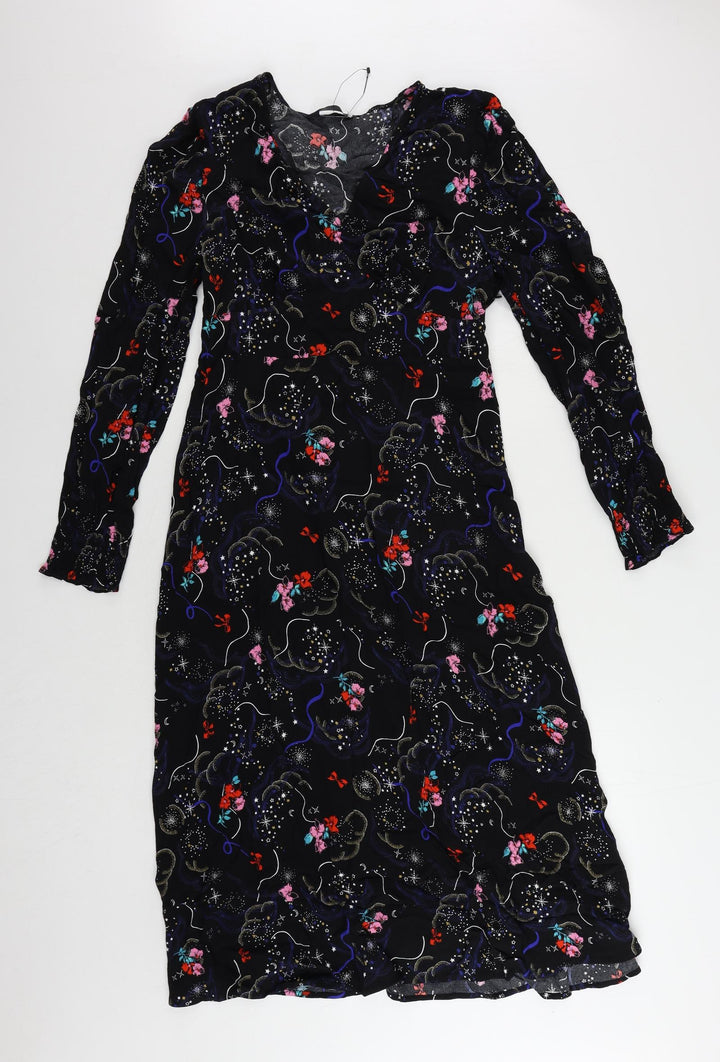 Marks and Spencer Womens Black Geometric Viscose A-Line Size 10 V-Neck Zip
