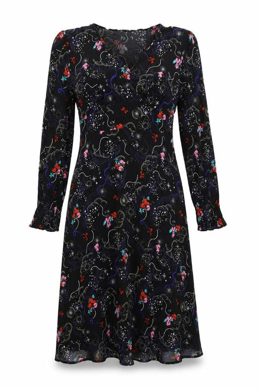 Front view of Marks & Spencer women’s black geometric viscose a-line, size UK 10, v-neck zip