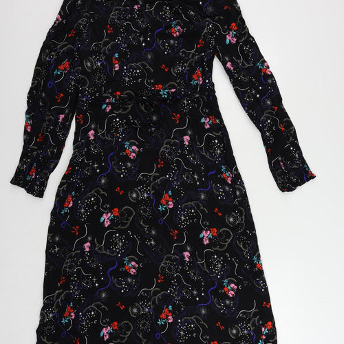 Marks and Spencer Womens Black Geometric Viscose A-Line Size 10 V-Neck Zip
