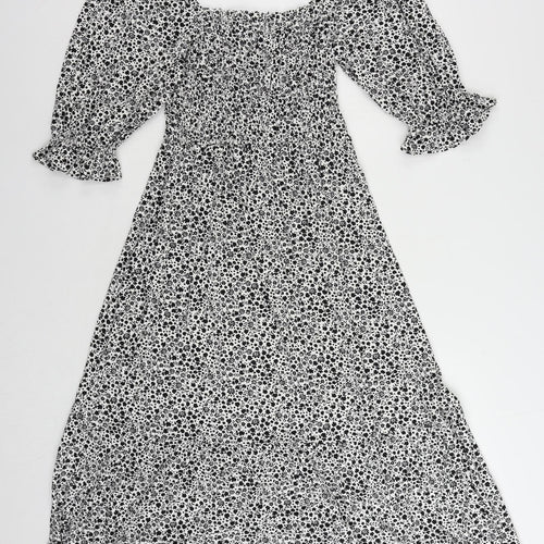 Marks and Spencer Womens Black Floral Viscose A-Line Size 12 Square Neck Pullover - Shirred
