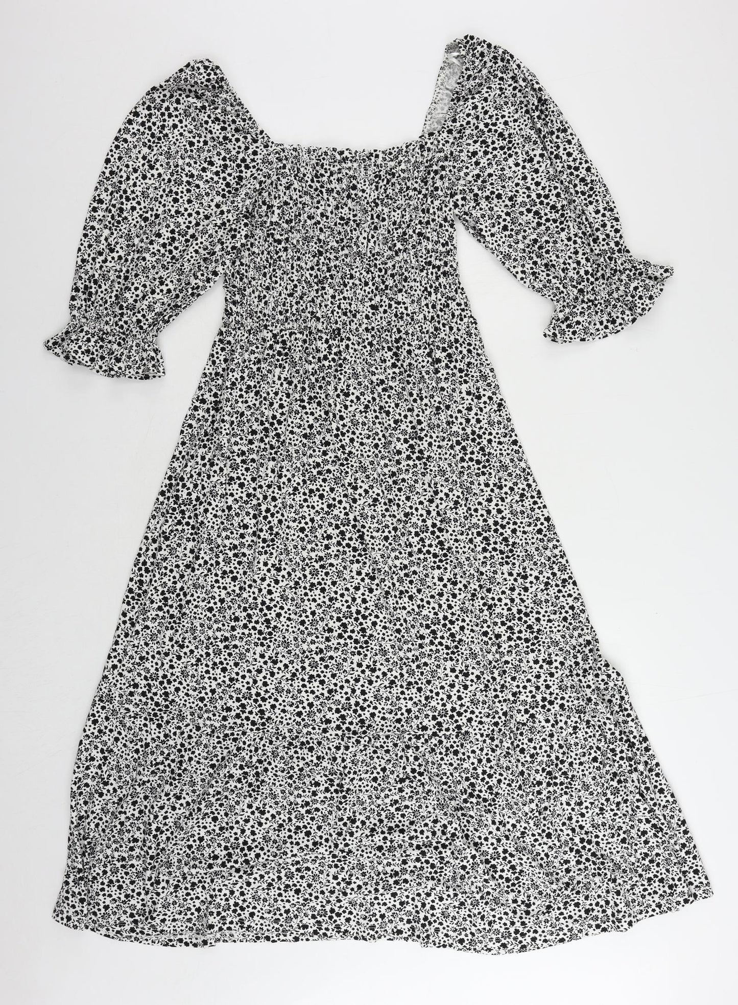 Marks and Spencer Womens Black Floral Viscose A-Line Size 12 Square Neck Pullover - Shirred
