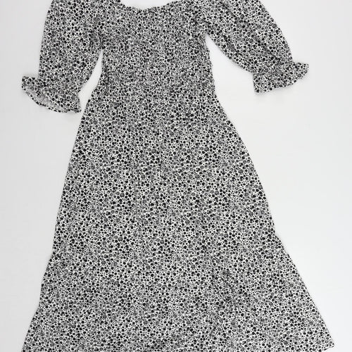 Marks and Spencer Womens Black Floral Viscose A-Line Size 12 Square Neck Pullover - Shirred