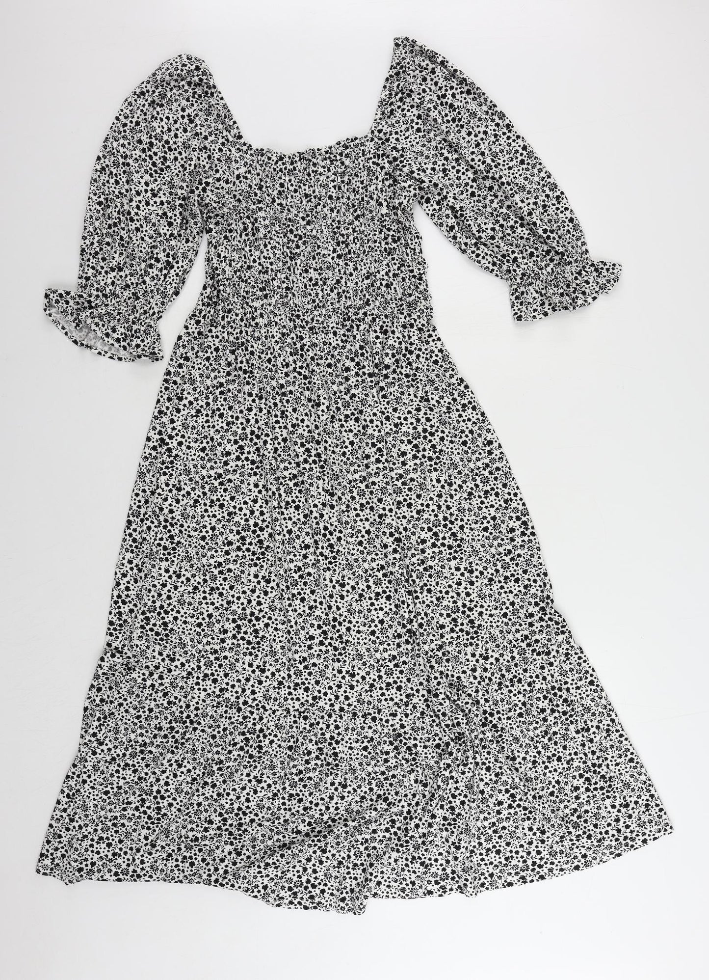 Marks and Spencer Womens Black Floral Viscose A-Line Size 12 Square Neck Pullover - Shirred