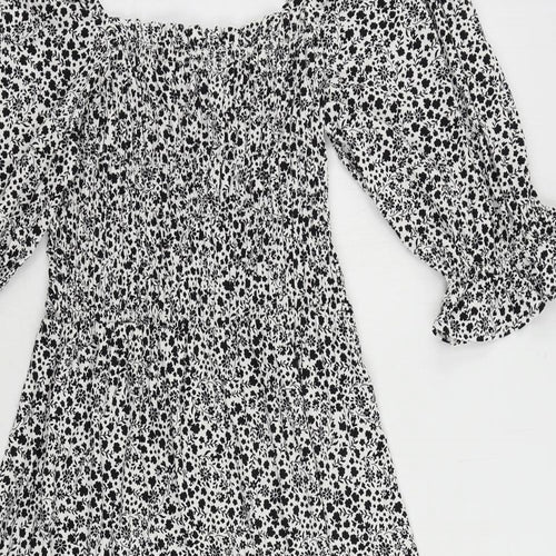Marks and Spencer Womens Black Floral Viscose A-Line Size 12 Square Neck Pullover - Shirred