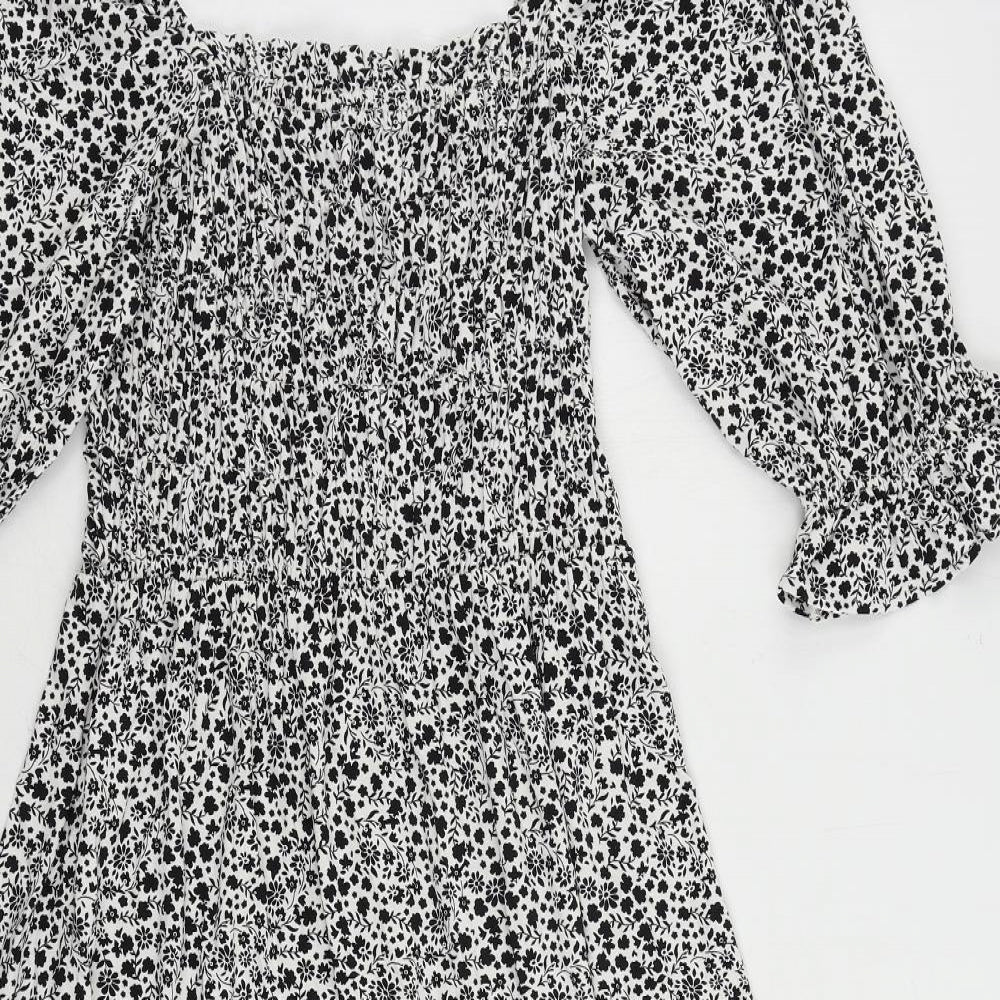 Marks and Spencer Womens Black Floral Viscose A-Line Size 12 Square Neck Pullover - Shirred