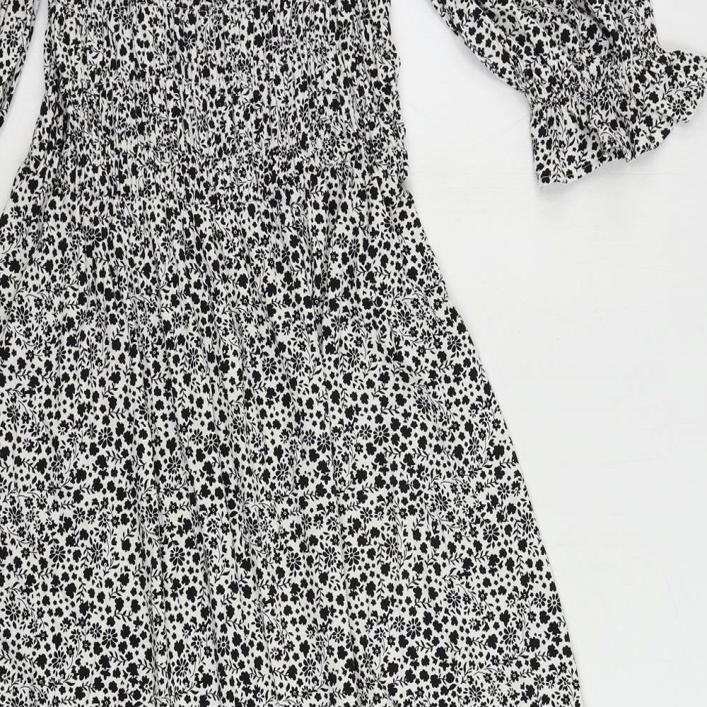 Marks and Spencer Womens Black Floral Viscose A-Line Size 12 Square Neck Pullover - Shirred