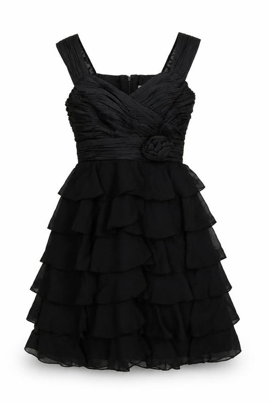 Front view of JS Boutique women’s black polyester a-line, size UK 10, v-neck zip - ruffle