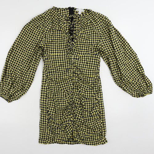 Topshop Womens Yellow Gingham Viscose Pencil Dress Size 10 V-Neck Zip