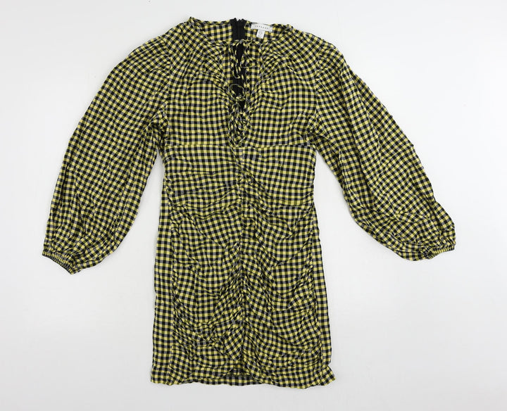Topshop Womens Yellow Gingham Viscose Pencil Dress Size 10 V-Neck Zip