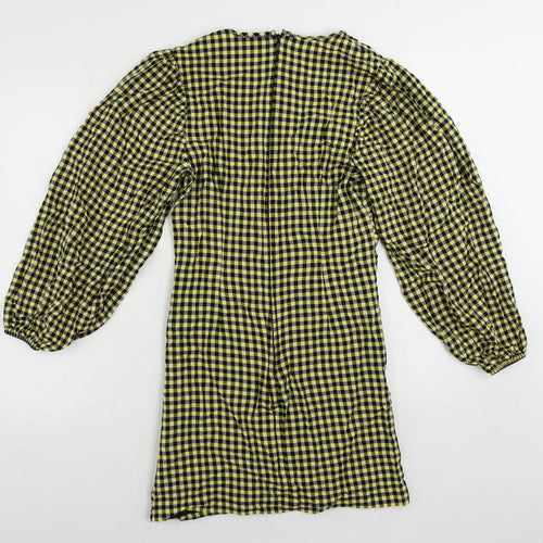 Topshop Womens Yellow Gingham Viscose Pencil Dress Size 10 V-Neck Zip