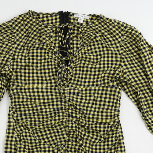 Topshop Womens Yellow Gingham Viscose Pencil Dress Size 10 V-Neck Zip