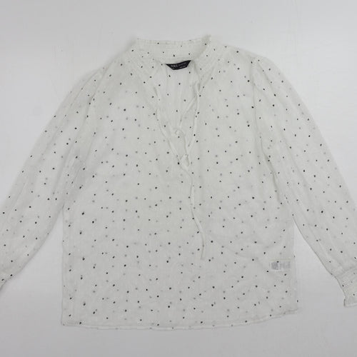 Marks and Spencer Womens White Geometric Polyester Basic Blouse Size 10 V-Neck - Sheer