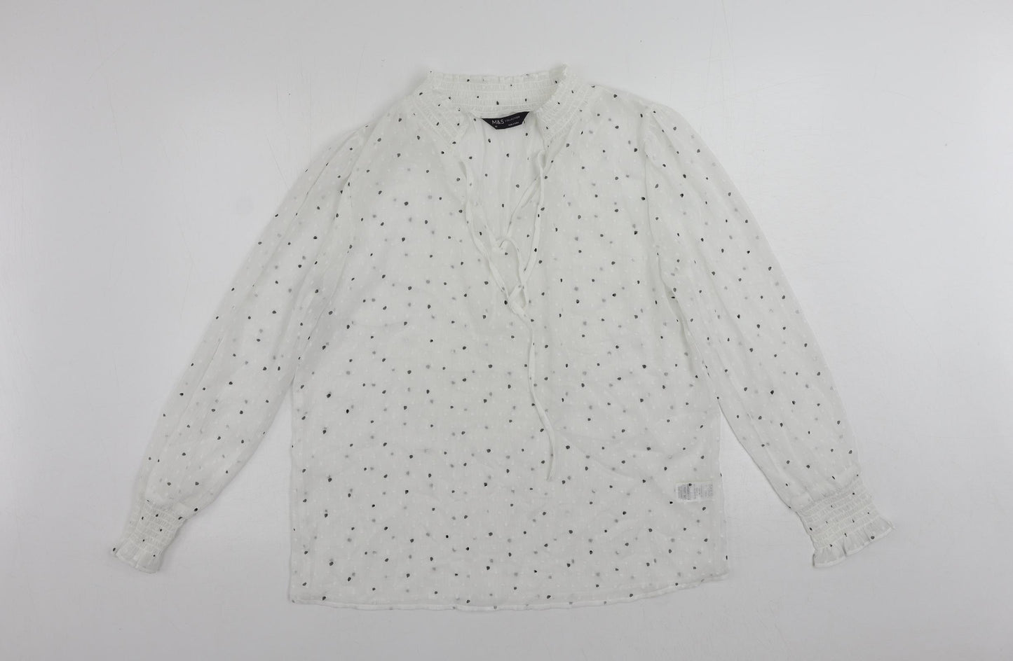 Marks and Spencer Womens White Geometric Polyester Basic Blouse Size 10 V-Neck - Sheer