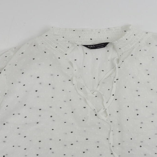 Marks and Spencer Womens White Geometric Polyester Basic Blouse Size 10 V-Neck - Sheer