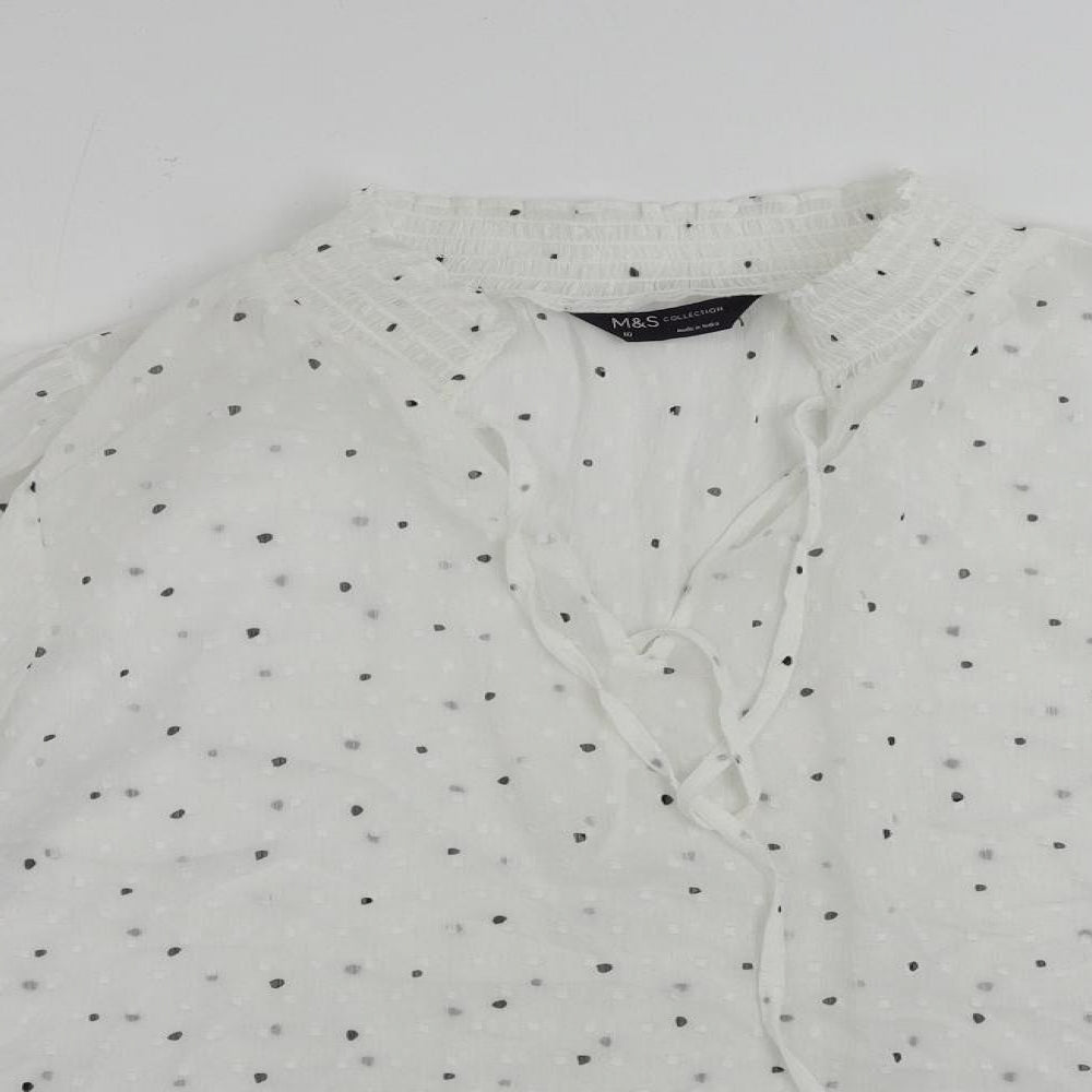 Marks and Spencer Womens White Geometric Polyester Basic Blouse Size 10 V-Neck - Sheer