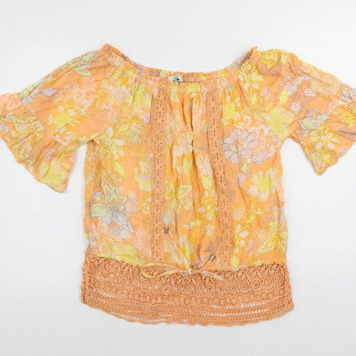NEXT Womens Orange Floral Viscose Basic Blouse Size 12 Off the Shoulder - Crochet Detail
