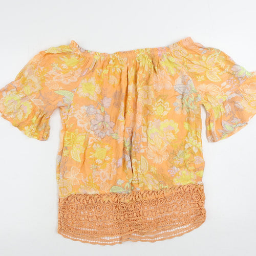 NEXT Womens Orange Floral Viscose Basic Blouse Size 12 Off the Shoulder - Crochet Detail