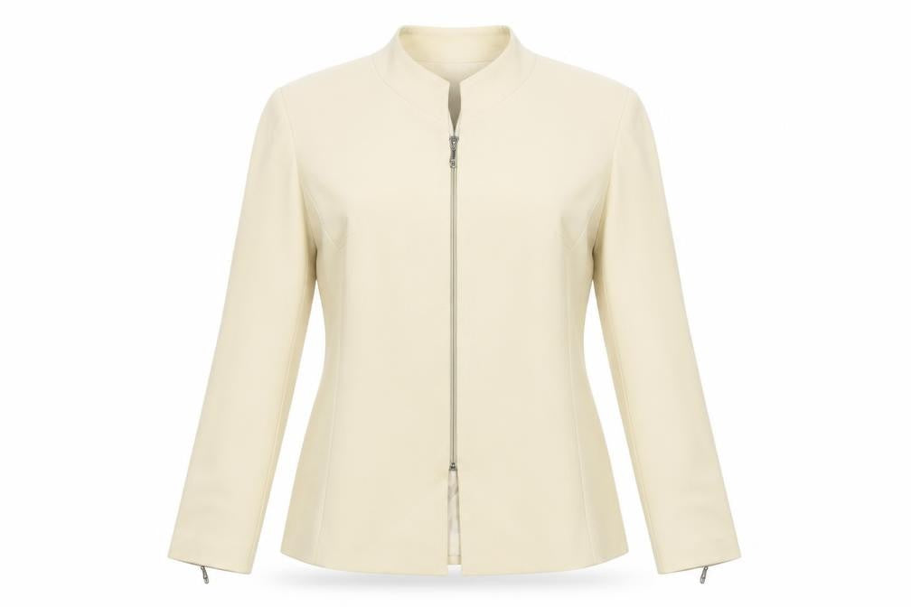 Front view of Dominance Paris women’s beige jacket blazer, size UK 10, zip