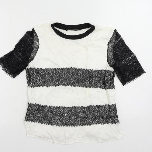 Zara Womens White Viscose Basic Blouse Size M Crew Neck - Lace Detail