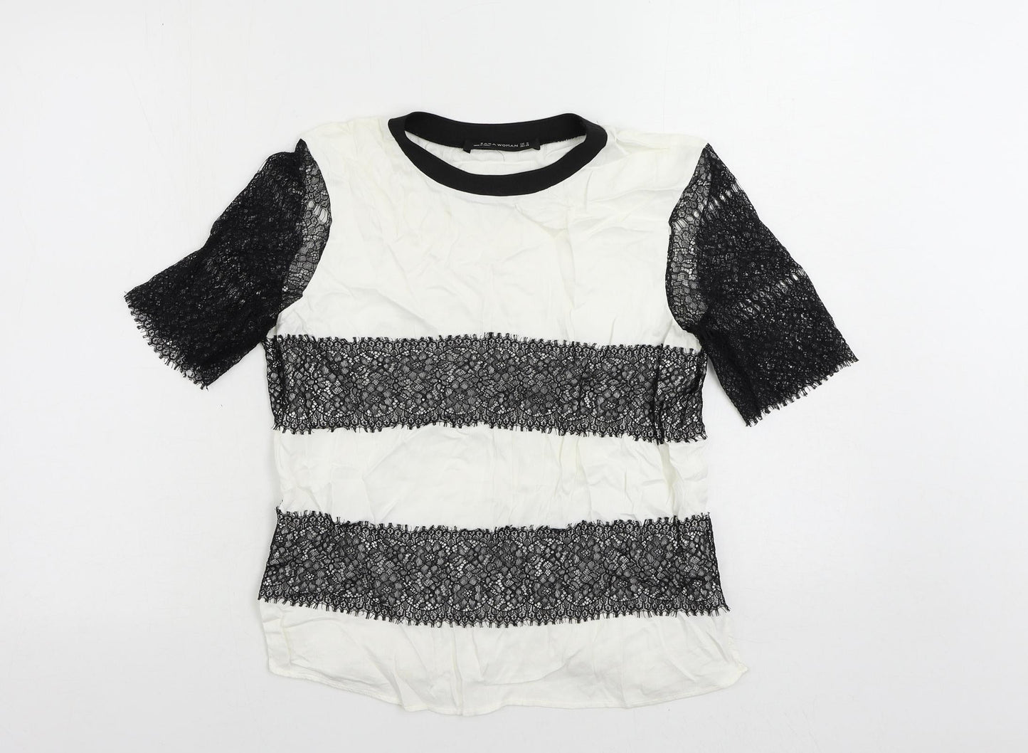 Zara Womens White Viscose Basic Blouse Size M Crew Neck - Lace Detail