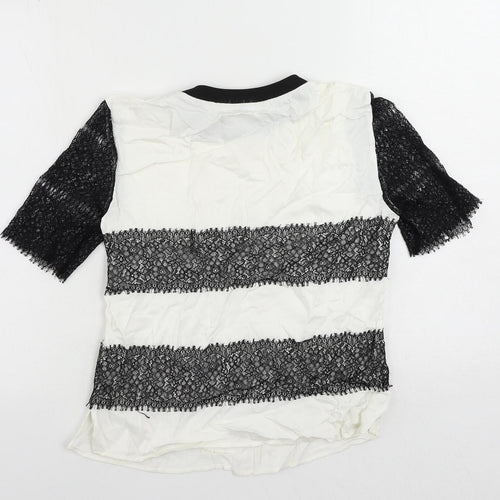 Zara Womens White Viscose Basic Blouse Size M Crew Neck - Lace Detail