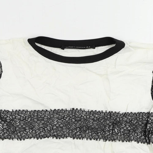 Zara Womens White Viscose Basic Blouse Size M Crew Neck - Lace Detail